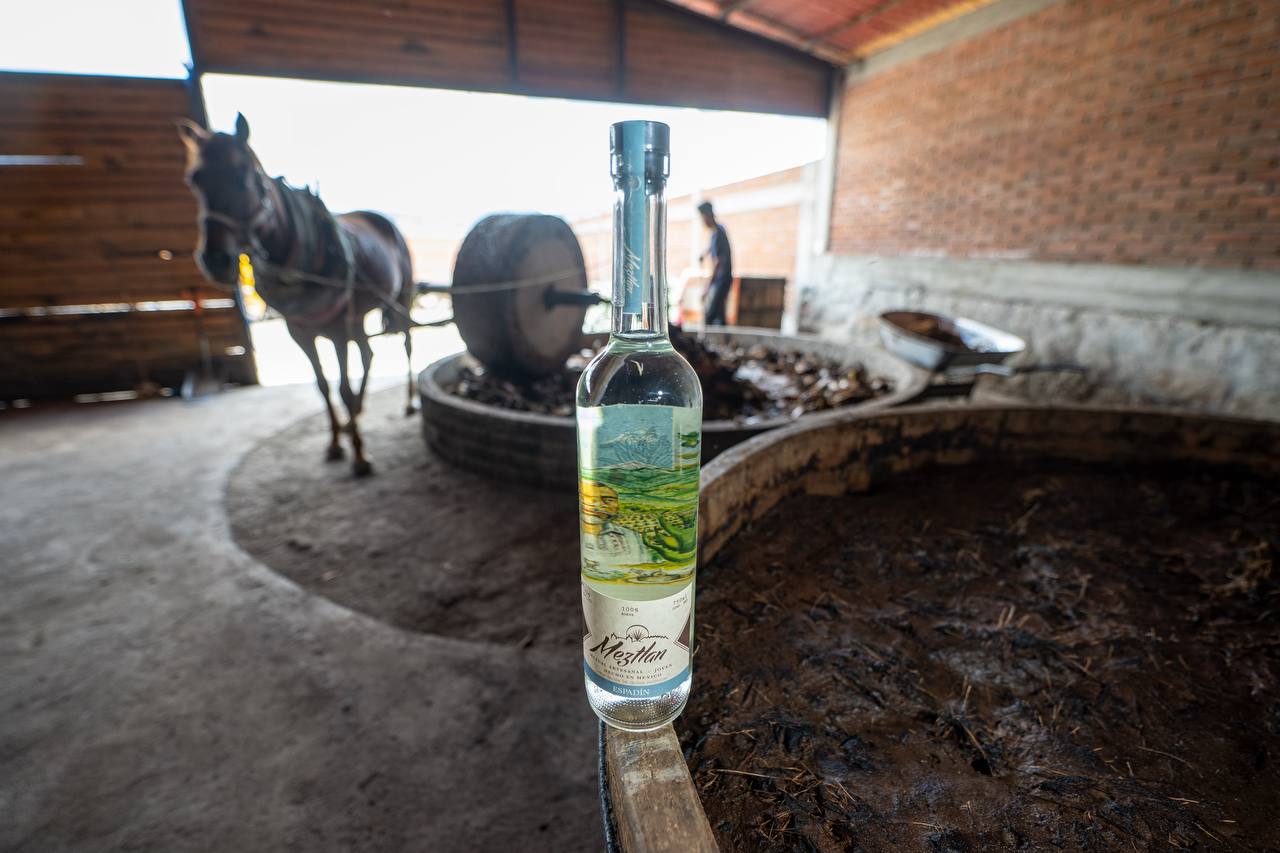 Botella de Meztlán Espadín frente a la tahona y el caballo del palenque